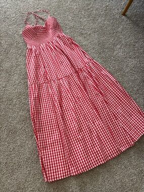 BUCKETLIST Red Gingham Maxi Dress with Crisscross Spaghetti Straps